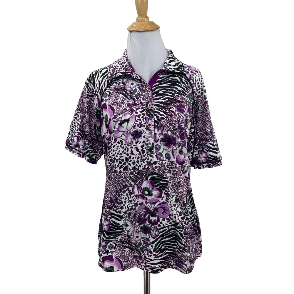 GGBlue Polo Shirt Womens M Medium Multi Floral Animal Motif Short Sleeve Golf